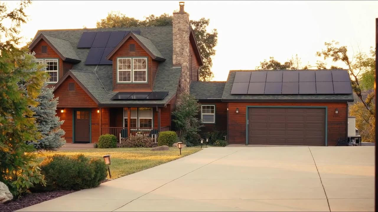 A hillside property at golden hour: the house from across the valley, the drive, interiors with the light coming in low, and a deck looking out over open country.