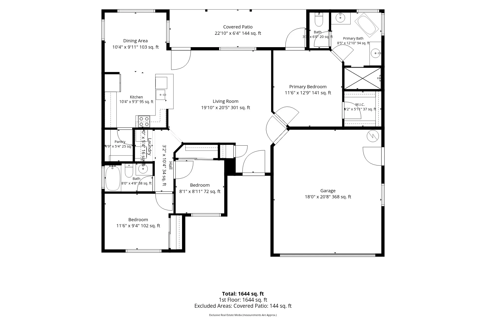 A two dimensional floor plan with room dimensions and a total square footage.