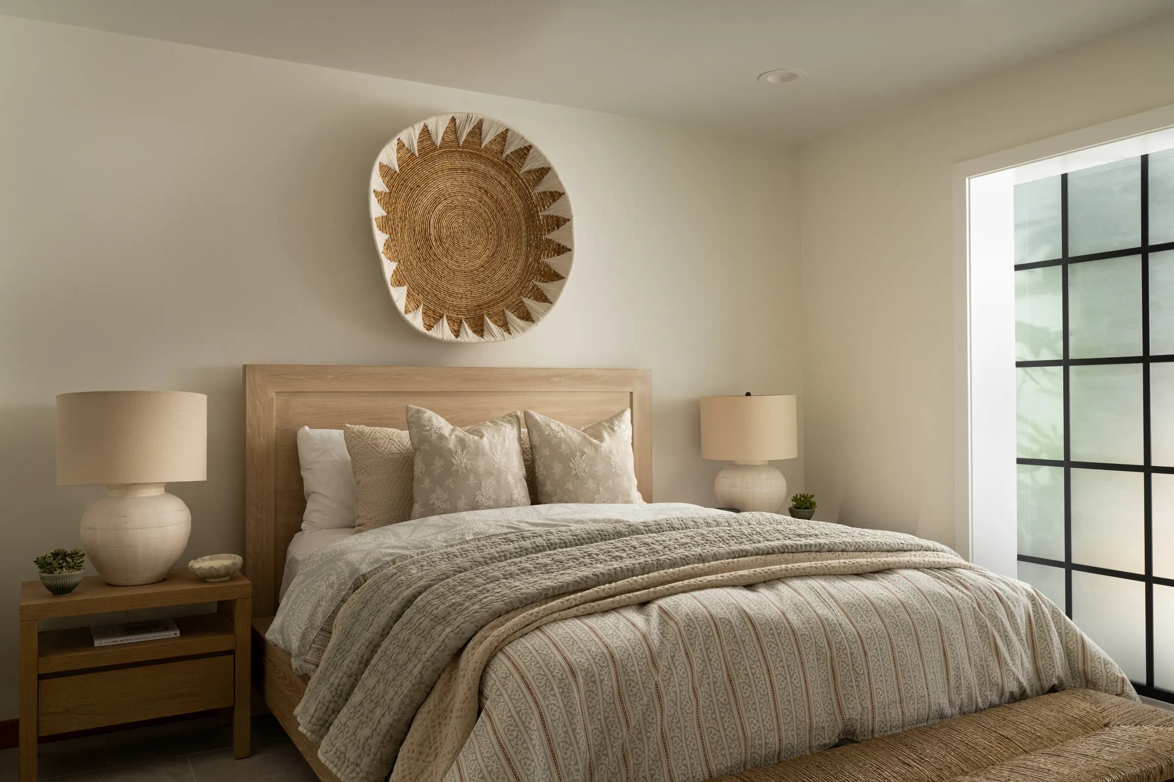 A bedroom furnished and dressed, lamps lit either side of the bed.